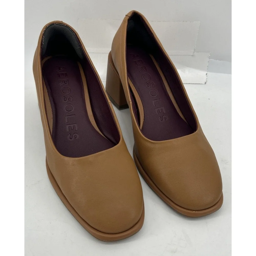 Aerosoles Alae Block Heel Pumps Beige Leather Women's Size 5M‎